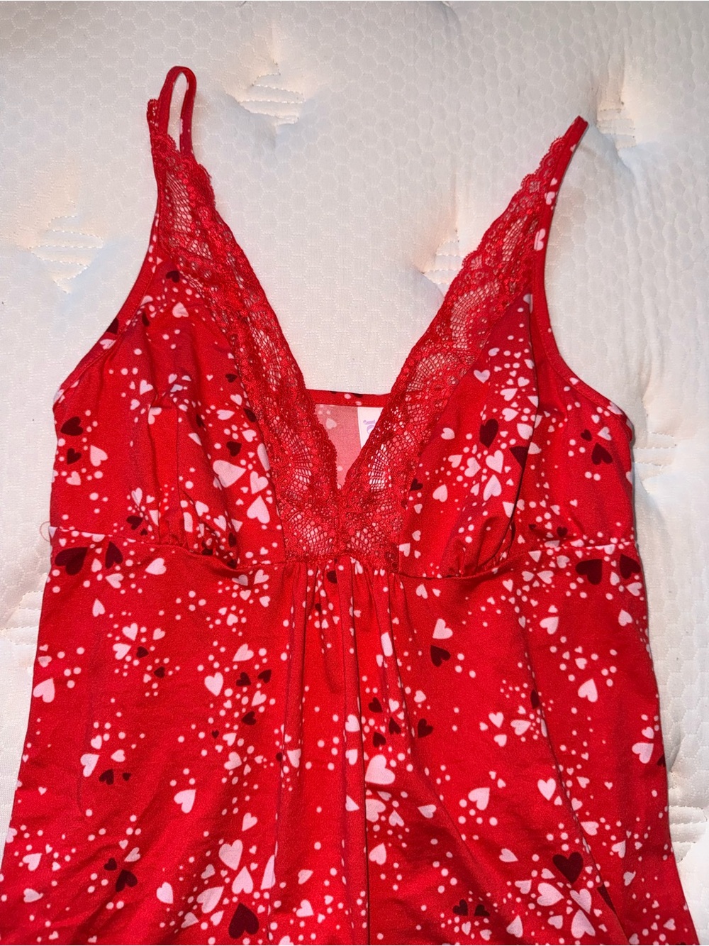 83. Red Lace-Trim Heart Print Sleep Chemise - Picture 3 of 4